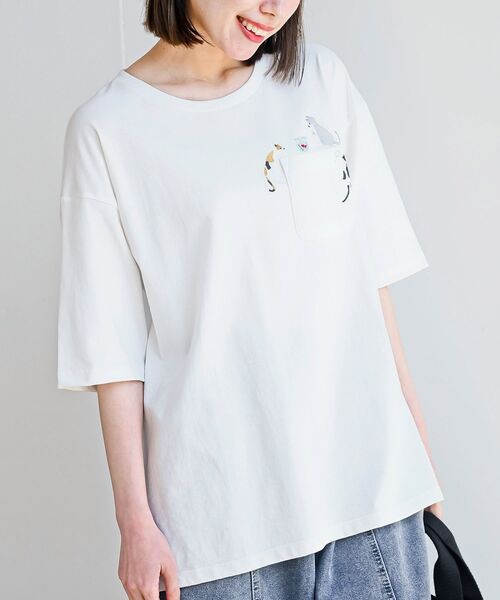 rps(アールピーエス)の「ポケットキャットワッフル切替T(Tシャツ/カットソー・レディース・チャコールグレー/ホワイト系その他2/オフホワイト/サックスブルー/ブルー・フリー)」の3枚目の写真