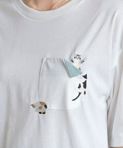 rps(アールピーエス)の「ポケットキャットワッフル切替T(Tシャツ/カットソー・レディース・チャコールグレー/ホワイト系その他2/オフホワイト/サックスブルー/ブルー・フリー)」の13枚目の写真