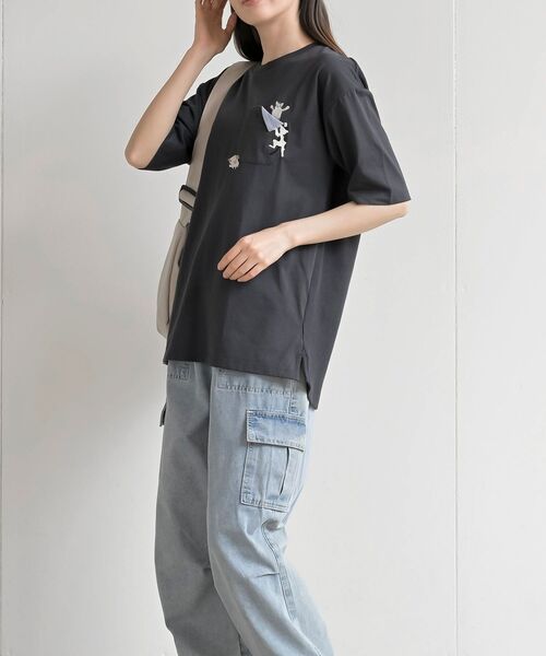rps(アールピーエス)の「ポケットキャットワッフル切替T(Tシャツ/カットソー・レディース・チャコールグレー/ホワイト系その他2/オフホワイト/サックスブルー/ブルー・フリー)」の15枚目の写真