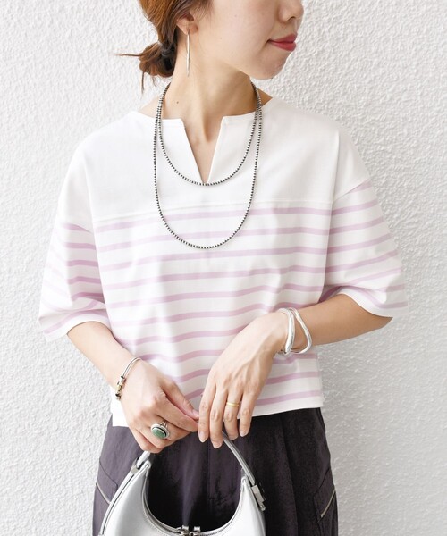 SHIPS(シップス)の「〈手洗い可能〉オーガニック 綿 ボーダー ショート スリーブ(Tシャツ/カットソー・レディース・ブルー/ネイビー/ラベンダー・ONE SIZE)」の3枚目の写真