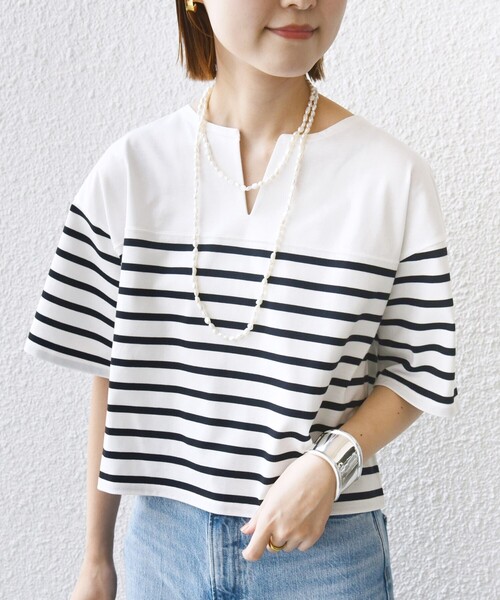 SHIPS(シップス)の「〈手洗い可能〉オーガニック 綿 ボーダー ショート スリーブ(Tシャツ/カットソー・レディース・ブルー/ネイビー/ラベンダー・ONE SIZE)」の2枚目の写真
