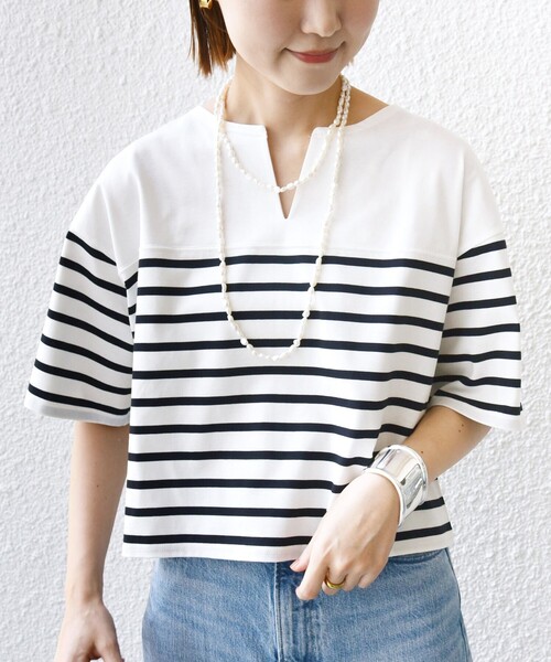 SHIPS(シップス)の「〈手洗い可能〉オーガニック 綿 ボーダー ショート スリーブ(Tシャツ/カットソー・レディース・ブルー/ネイビー/ラベンダー・ONE SIZE)」の15枚目の写真
