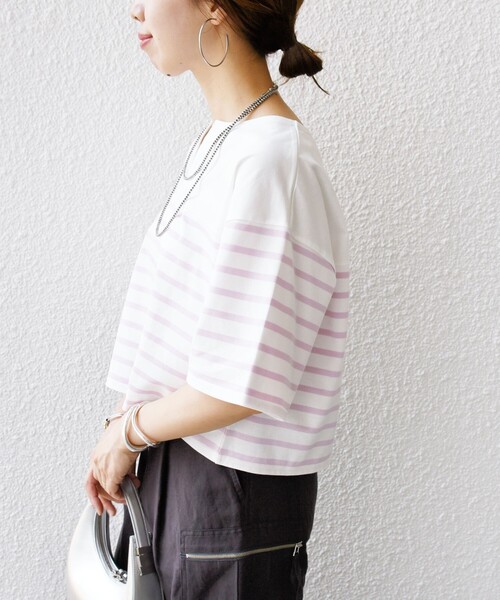 SHIPS(シップス)の「〈手洗い可能〉オーガニック 綿 ボーダー ショート スリーブ(Tシャツ/カットソー・レディース・ブルー/ネイビー/ラベンダー・ONE SIZE)」の5枚目の写真