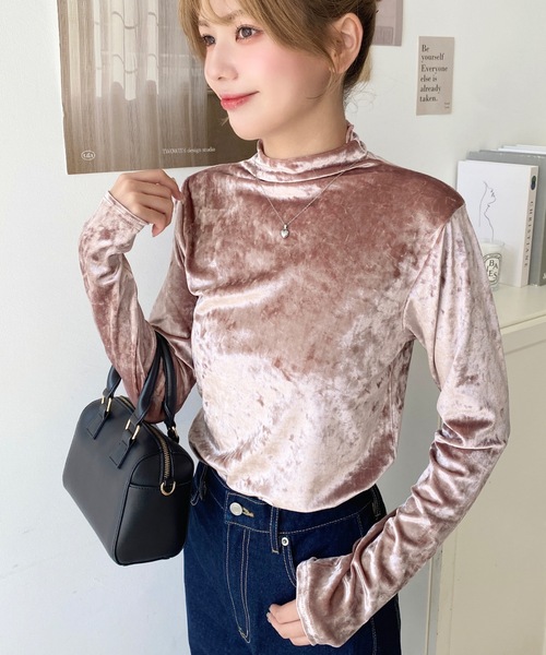 セール】クラッシュベロアハイネックメローカットソー（Tシャツ