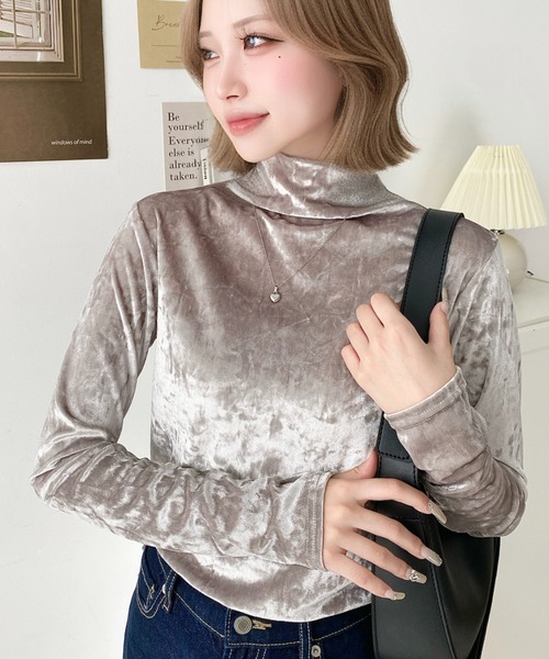 セール】クラッシュベロアハイネックメローカットソー（Tシャツ
