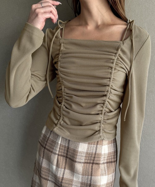 junoah(ジュノア)の「ドロストリボンリブトップス(Tシャツ/カットソー・レディース・グレイッシュベージュ/ブラック/チャコール・X-LARGE/LARGE/MEDIUM)」の12枚目の写真