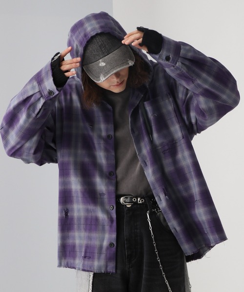 HARE(ハレ)の「ダメージチェックシャツパーカー(HARE)(パーカー・メンズ・ブラック/グレー/パープル/パープル系その他/ピンク・FREE)」の3枚目の写真