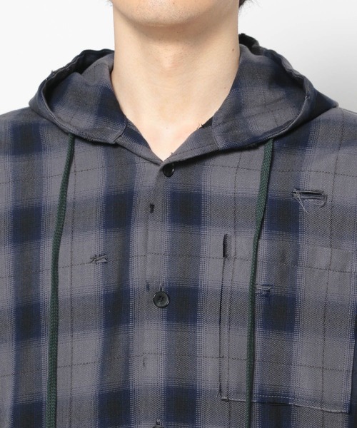 HARE(ハレ)の「ダメージチェックシャツパーカー(HARE)(パーカー・メンズ・ブラック/グレー/パープル/パープル系その他/ピンク・FREE)」の16枚目の写真