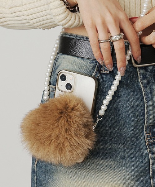 Cell phoneshoulder with fluffyfur/もこもこファー付き/パール