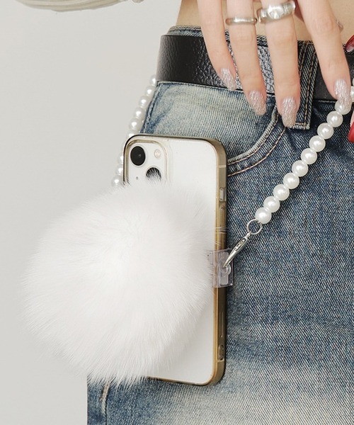 Cell phoneshoulder with fluffyfur/もこもこファー付き/パール