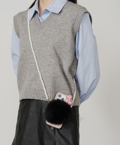 Cell phoneshoulder with fluffyfur/もこもこファー付き/パール スマホ