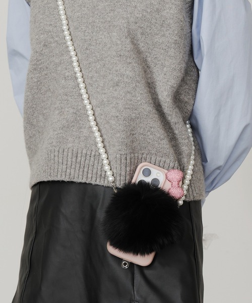 Cell phoneshoulder with fluffyfur/もこもこファー付き/パール スマホ