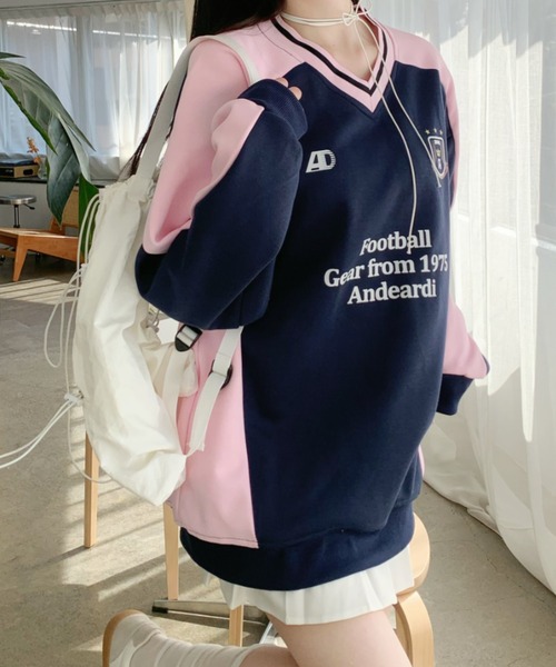 SHEPP(シープ)の「《新色ブラウン・ブラック追加》【お気に入り数2.9万人突破!】バイカラー ゲームシャツ ポンチスウェット プルオーバートップス(スウェット・レディース・ピンク/レッド/ネイビー/ブラック/ブラウン・M/L)」の16枚目の写真