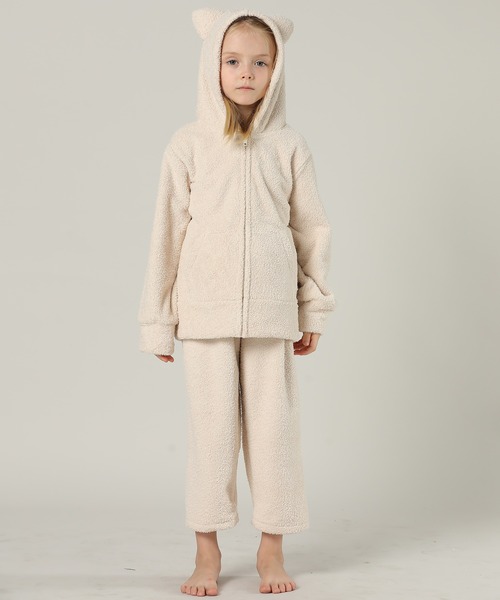 キッズ 長袖ネコミミフードモコモコジップルームウェア 上下2点セット