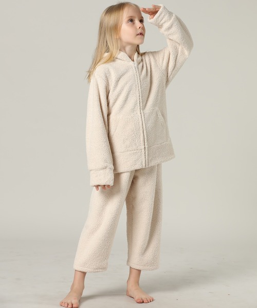 キッズ 長袖ネコミミフードモコモコジップルームウェア 上下2点セット