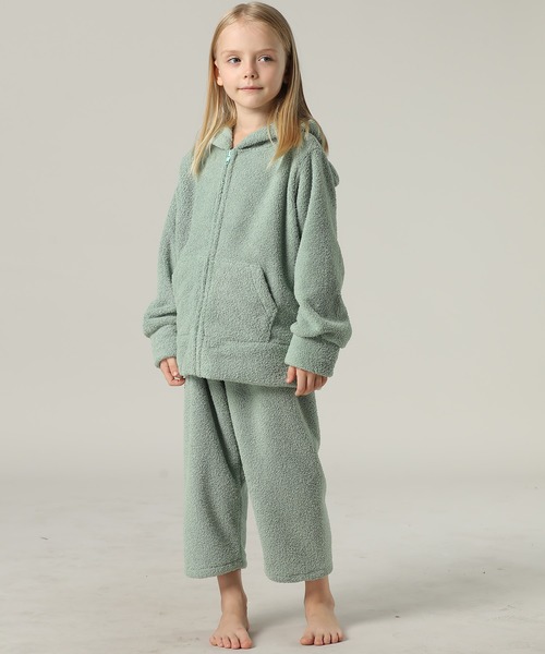 キッズ 長袖ネコミミフードモコモコジップルームウェア 上下2点セット