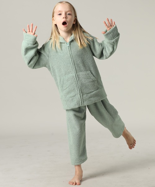 セール】キッズ 長袖ネコミミフードモコモコジップルームウェア 上下2