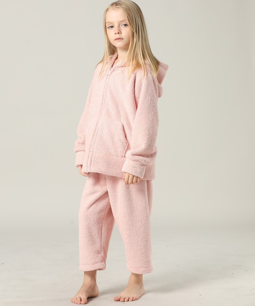 セール】キッズ 長袖ネコミミフードモコモコジップルームウェア 上下2