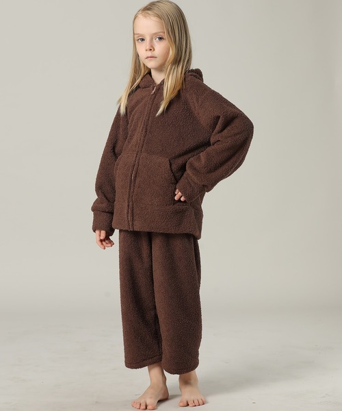 キッズ 長袖ネコミミフードモコモコジップルームウェア 上下2点セット