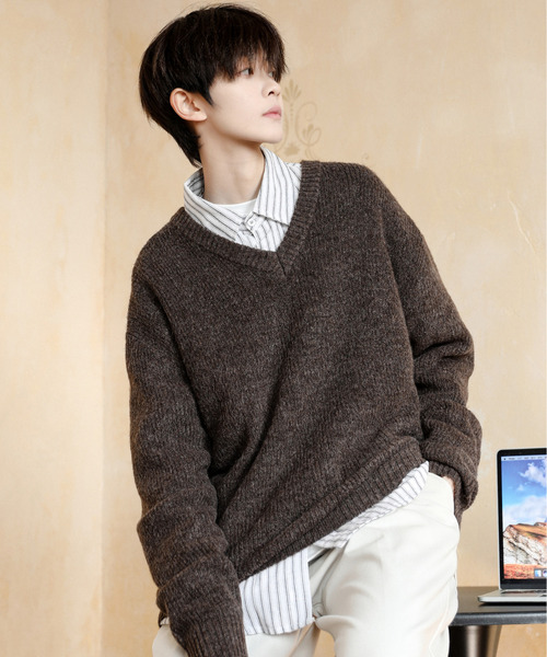 neos（ネオス）の「【neos】ルーズシルエット 片畦編み Vネック ニット プルオーバー（ニット/セーター・メンズ・ブラック/ベージュ/ダークブルー/ホワイト/ブラウン・MEDIUM/LARGE/X-LARGE）」の3枚目の写真