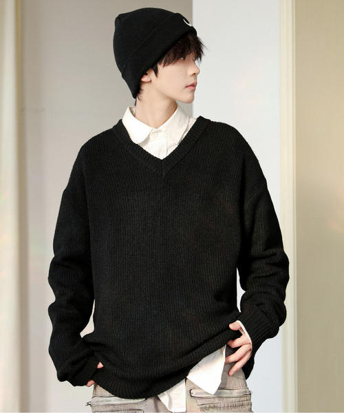 neos（ネオス）の「【neos】ルーズシルエット 片畦編み Vネック ニット プルオーバー（ニット/セーター・メンズ・ブラック/ベージュ/ダークブルー/ホワイト/ブラウン・MEDIUM/LARGE/X-LARGE）」の2枚目の写真