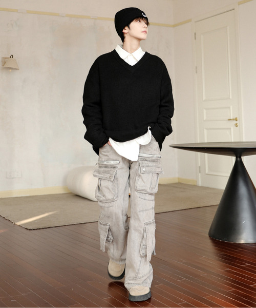 neos（ネオス）の「【neos】ルーズシルエット 片畦編み Vネック ニット プルオーバー（ニット/セーター・メンズ・ブラック/ベージュ/ダークブルー/ホワイト/ブラウン・MEDIUM/LARGE/X-LARGE）」の7枚目の写真