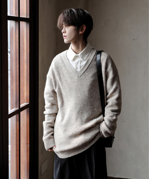 neos（ネオス）の「【neos】ルーズシルエット 片畦編み Vネック ニット プルオーバー（ニット/セーター・メンズ・ブラック/ベージュ/ダークブルー/ホワイト/ブラウン・MEDIUM/LARGE/X-LARGE）」の11枚目の写真