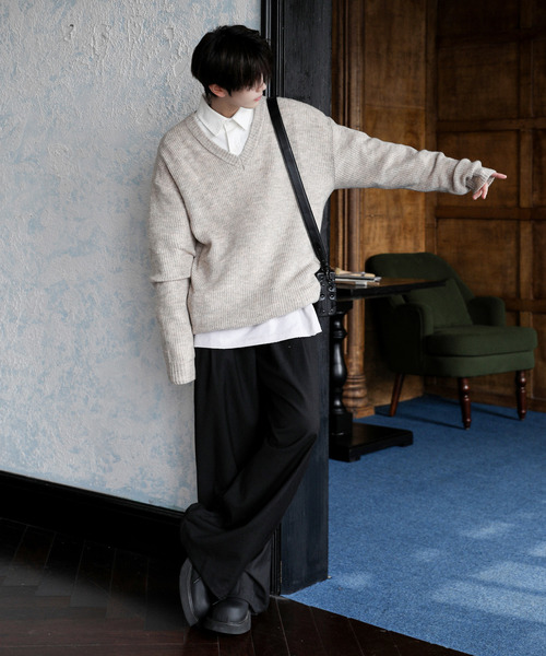 neos（ネオス）の「【neos】ルーズシルエット 片畦編み Vネック ニット プルオーバー（ニット/セーター・メンズ・ブラック/ベージュ/ダークブルー/ホワイト/ブラウン・MEDIUM/LARGE/X-LARGE）」の12枚目の写真