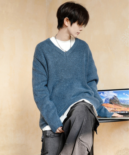 neos（ネオス）の「【neos】ルーズシルエット 片畦編み Vネック ニット プルオーバー（ニット/セーター・メンズ・ブラック/ベージュ/ダークブルー/ホワイト/ブラウン・MEDIUM/LARGE/X-LARGE）」の16枚目の写真