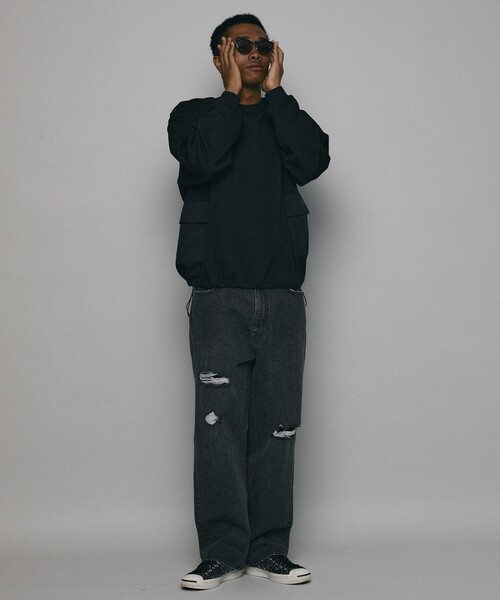 Firsthand（ファーストハンド）の「Firsthand/ファーストハンド Crash Wide Denim Pants / クラッシュワイドデニム（デニムパンツ・メンズ・ブラック/ブルー・M/L）」の3枚目の写真