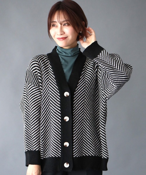Ehre style(エーレスタイル)の「柄カーデでベーシックから脱却!大人のヘリンボーン柄(カーディガン/ボレロ・レディース・アイボリー/ブラック・FREE)」の9枚目の写真