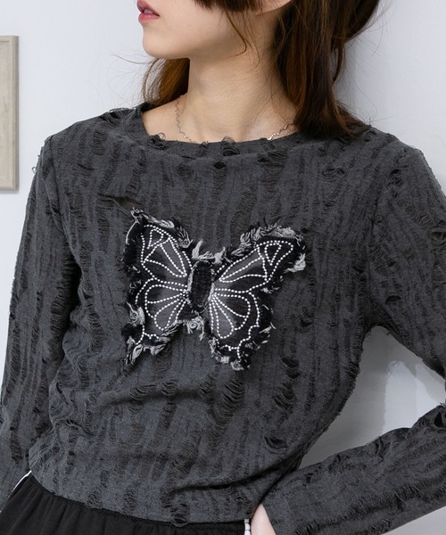 pumpkin port(パンプキンポート)の「ブロークン バタフライ ロンT(Tシャツ/カットソー・レディース・グレー/ブラック/アイボリー・M)」の1枚目の写真