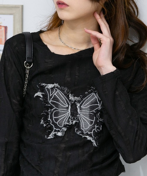pumpkin port(パンプキンポート)の「ブロークン バタフライ ロンT(Tシャツ/カットソー・レディース・グレー/ブラック/アイボリー・M)」の10枚目の写真