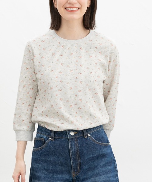 Honeys(ハニーズ)の「7分袖ワッフルクルーT(Tシャツ/カットソー・レディース・アイボリー/サックスブルー/ピンク系その他/ブルー系その他3/ホワイト系その他/ピンク/ホワイト×ネイビー/スミクロ/ミント・L/LL/M/S)」の9枚目の写真