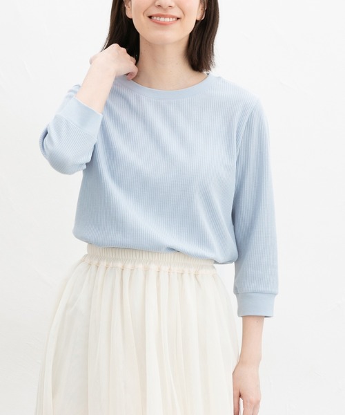 Honeys(ハニーズ)の「7分袖ワッフルクルーT(Tシャツ/カットソー・レディース・アイボリー/サックスブルー/ピンク系その他/ブルー系その他3/ホワイト系その他/ピンク/ホワイト×ネイビー/スミクロ/ミント・L/LL/M/S)」の7枚目の写真