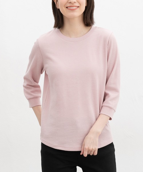 Honeys(ハニーズ)の「7分袖ワッフルクルーT(Tシャツ/カットソー・レディース・アイボリー/サックスブルー/ピンク系その他/ブルー系その他3/ホワイト系その他/ピンク/ホワイト×ネイビー/スミクロ/ミント・L/LL/M/S)」の8枚目の写真