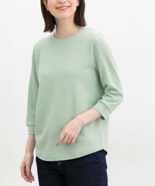 Honeys(ハニーズ)の「7分袖ワッフルクルーT(Tシャツ/カットソー・レディース・アイボリー/サックスブルー/ピンク系その他/ブルー系その他3/ホワイト系その他/ピンク/ホワイト×ネイビー/スミクロ/ミント・L/LL/M/S)」の6枚目の写真