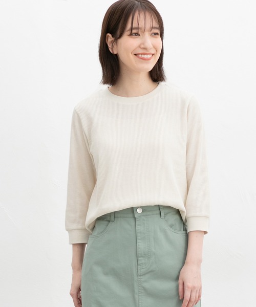 Honeys(ハニーズ)の「7分袖ワッフルクルーT(Tシャツ/カットソー・レディース・アイボリー/サックスブルー/ピンク系その他/ブルー系その他3/ホワイト系その他/ピンク/ホワイト×ネイビー/スミクロ/ミント・L/LL/M/S)」の12枚目の写真