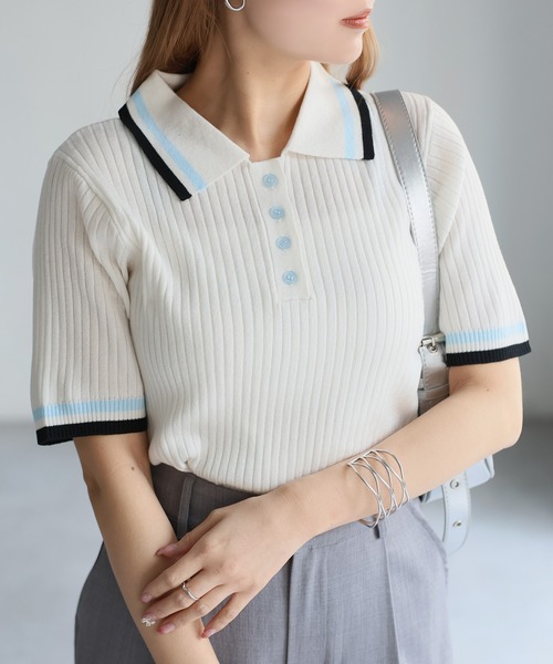 リボン付き クリーム 色半袖 ニット ポロ ポロニット 楽天市場】半袖 リブニット ポロ トップス レディース [C7537