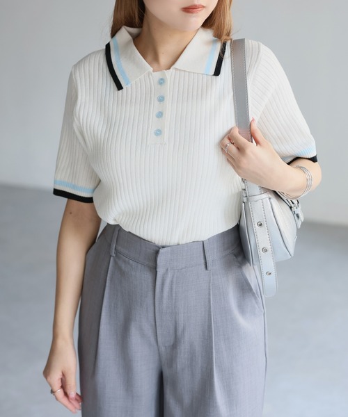 Riberry(リベリー)の「配色半袖ポロニット(ニット/セーター・レディース・ホワイト×ピンク/グレー×ピンク/ネイビー系2/ホワイト×ブラック/ネイビー系1・FREE)」の8枚目の写真