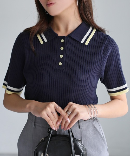 美品 セオリー 22SS ポロニット リブ ネイビー 半袖 セール】配色半袖ポロニット(ニット/セーター)|Riberry
