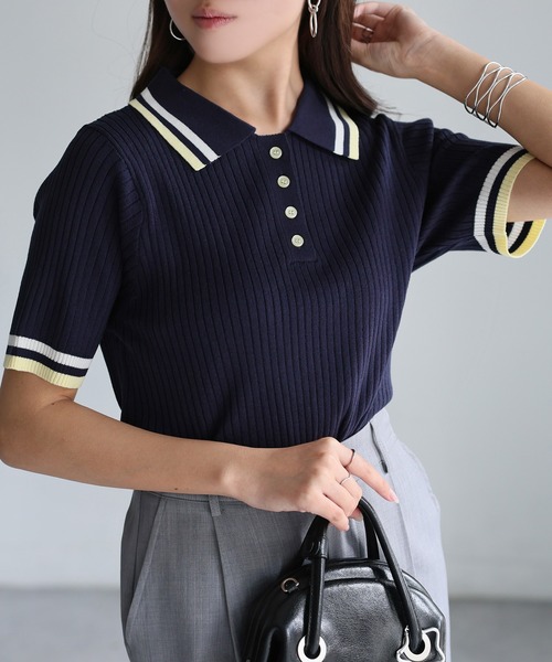 美品 セオリー 22SS ポロニット リブ ネイビー 半袖 SS】MEN DOT MESH COOL ワイドスプレッドカラー 半袖ポロシャツ