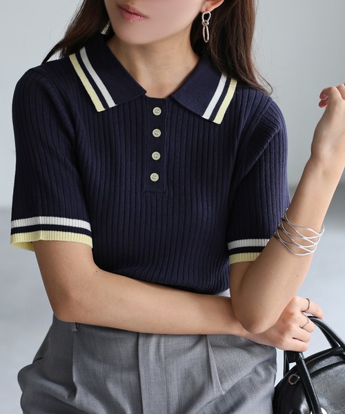 美品 セオリー 22SS ポロニット リブ ネイビー 半袖 セール】配色半袖ポロニット（ニット/セーター）｜Riberry