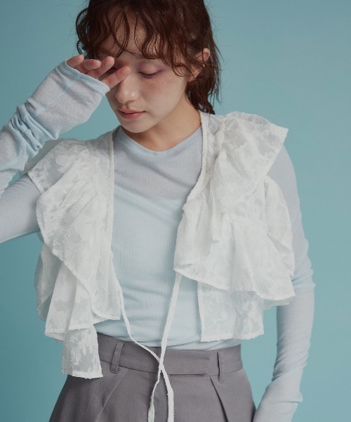 W:Huku(フーク)の「フリルカラー ショート丈 2way ボレロ ブラウス / ノースリーブ フレンチスリーブ 袖なし(カーディガン/ボレロ・レディース・オフホワイト/ブラック/ライトグレー・M/L)」の18枚目の写真