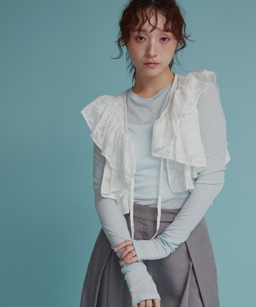W:Huku(フーク)の「フリルカラー ショート丈 2way ボレロ ブラウス / ノースリーブ フレンチスリーブ 袖なし(カーディガン/ボレロ・レディース・オフホワイト/ブラック/ライトグレー・M/L)」の22枚目の写真