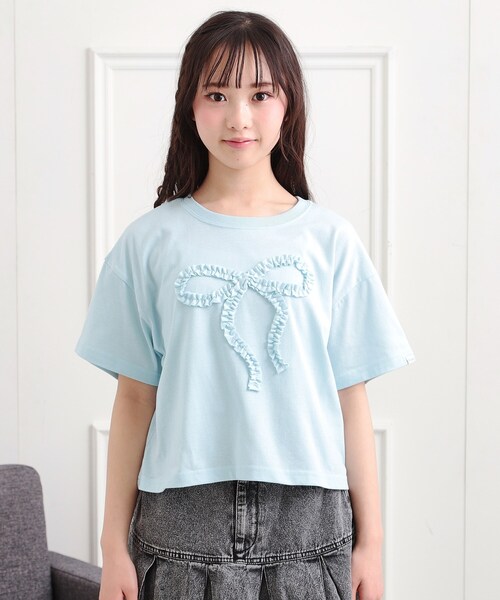 黒 フリル付き Tシャツ ピンクリボン　jiltu 黒 フリル付き Tシャツ ピンクリボン jiltu レディース