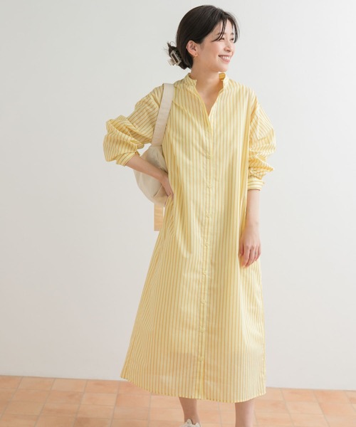 ebure 23SS カラーストライプリネン シャツワンピース　イエロー 中古・古着通販】ebure (エブール) カラーストライプリネン