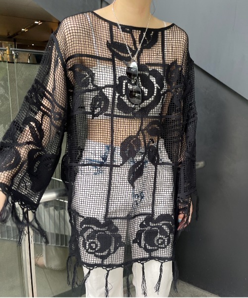 MEDI LOOSE MESH FLOWER KNIT TOPS（Tシャツ/カットソー