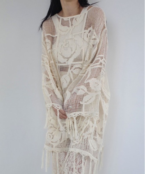 セール】MEDI LOOSE MESH FLOWER KNIT TOPS（Tシャツ/カットソー
