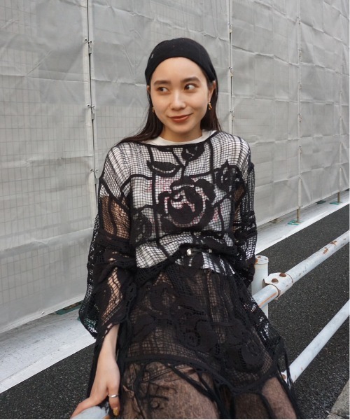MEDI LOOSE MESH FLOWER KNIT TOPS（Tシャツ/カットソー